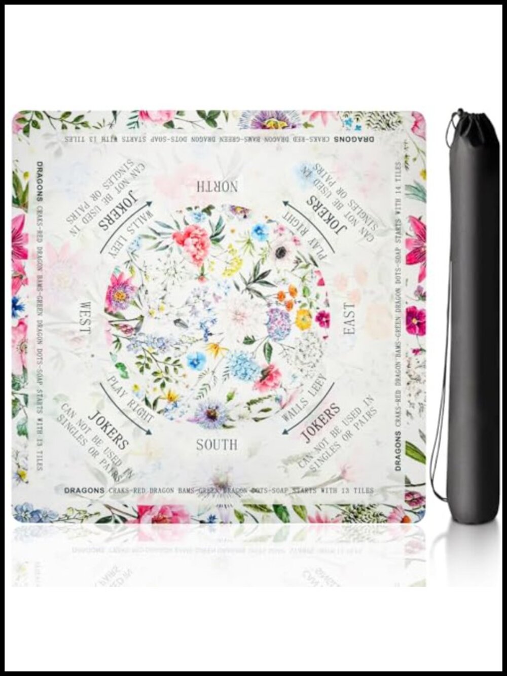 31.5" Floral Mahjong Mat with Rules, Rubber Base, Non-Slip, Portable